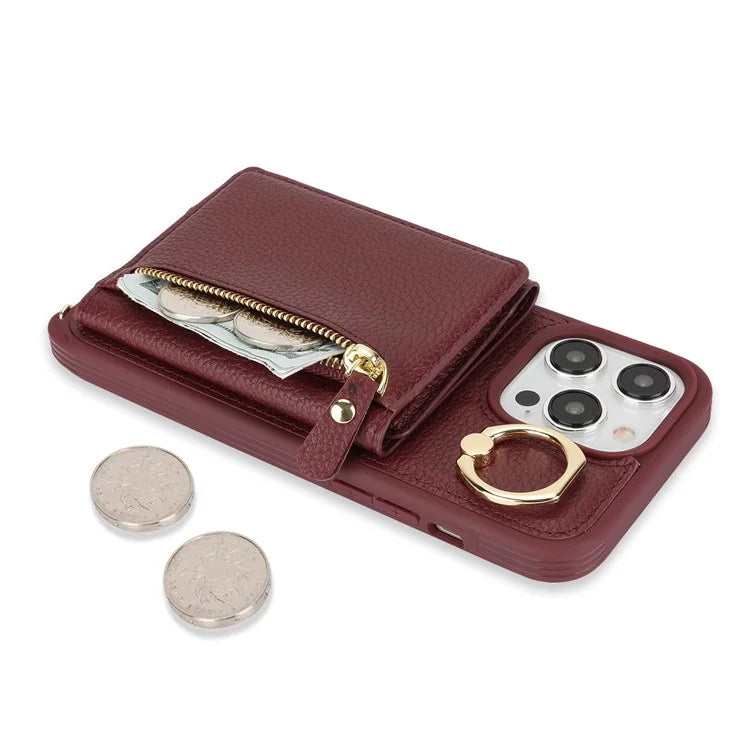 For iPhone 13 Pro Case Zipper Pocket Ring Kickstand PU Leather+TPU Phone Cover with Long Strap