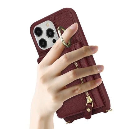 For iPhone 13 Pro Case Zipper Pocket Ring Kickstand PU Leather+TPU Phone Cover with Long Strap