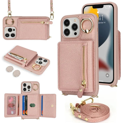 For iPhone 13 Pro Case Zipper Pocket Ring Kickstand PU Leather+TPU Phone Cover with Long Strap