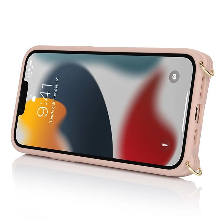 For iPhone 13 Pro Case Zipper Pocket Ring Kickstand PU Leather+TPU Phone Cover with Long Strap