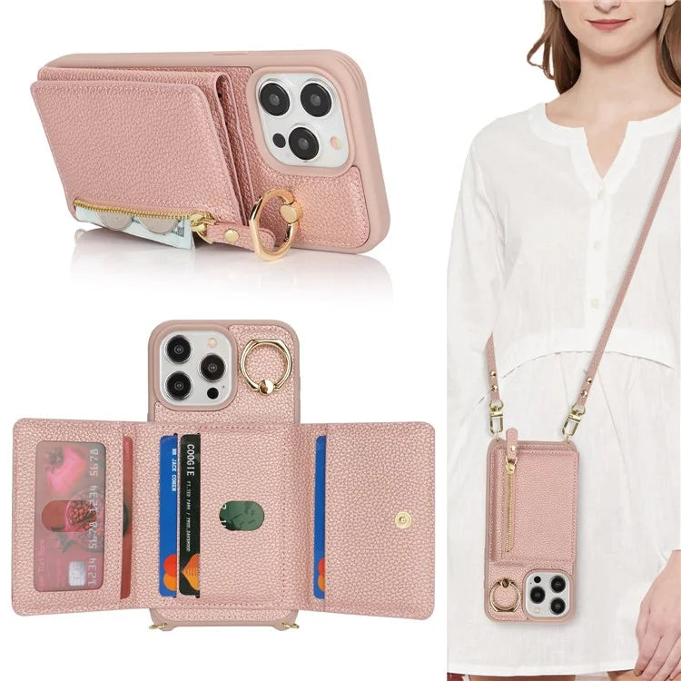 For iPhone 13 Pro Case Zipper Pocket Ring Kickstand PU Leather+TPU Phone Cover with Long Strap