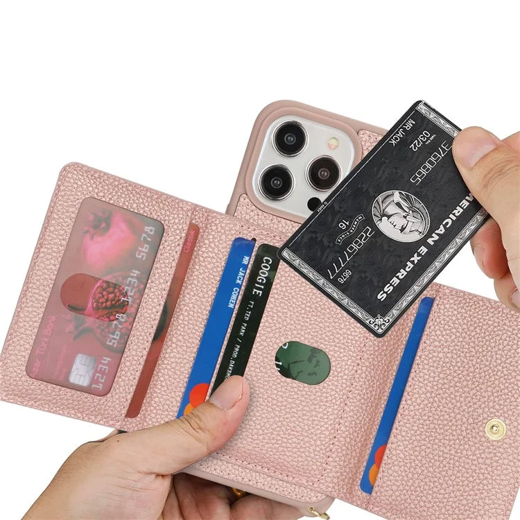 For iPhone 13 Pro Case Zipper Pocket Ring Kickstand PU Leather+TPU Phone Cover with Long Strap