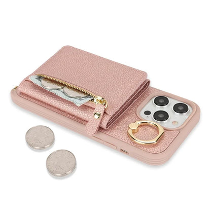 For iPhone 13 Pro Case Zipper Pocket Ring Kickstand PU Leather+TPU Phone Cover with Long Strap