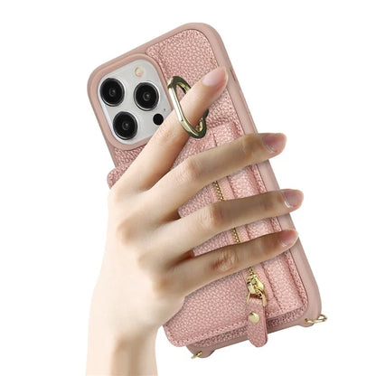 For iPhone 13 Pro Case Zipper Pocket Ring Kickstand PU Leather+TPU Phone Cover with Long Strap