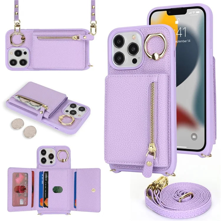For iPhone 13 Pro Case Zipper Pocket Ring Kickstand PU Leather+TPU Phone Cover with Long Strap