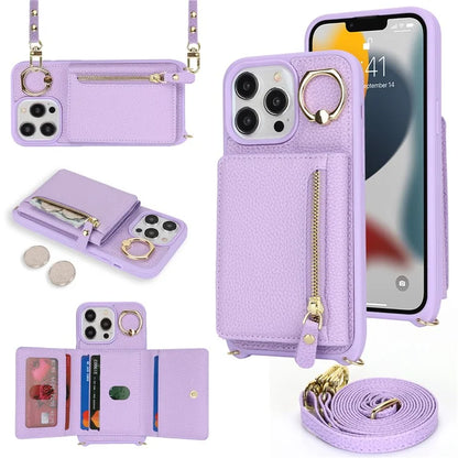 For iPhone 13 Pro Case Zipper Pocket Ring Kickstand PU Leather+TPU Phone Cover with Long Strap