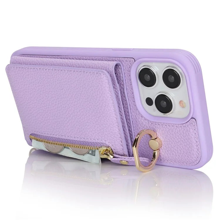 For iPhone 13 Pro Case Zipper Pocket Ring Kickstand PU Leather+TPU Phone Cover with Long Strap
