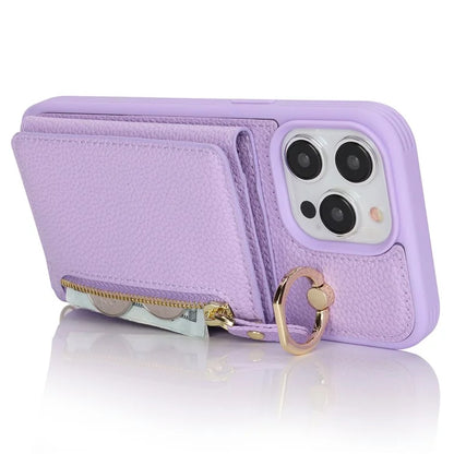 For iPhone 13 Pro Case Zipper Pocket Ring Kickstand PU Leather+TPU Phone Cover with Long Strap