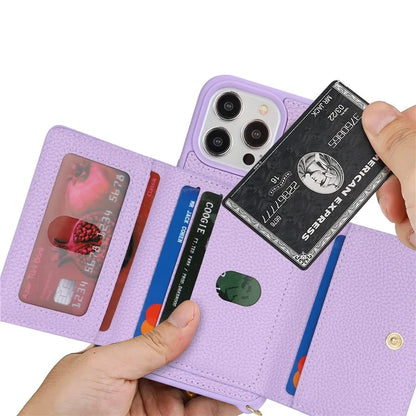 For iPhone 13 Pro Case Zipper Pocket Ring Kickstand PU Leather+TPU Phone Cover with Long Strap