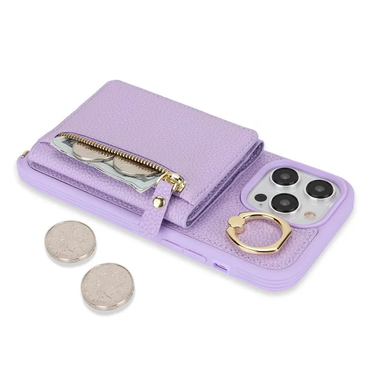 For iPhone 13 Pro Case Zipper Pocket Ring Kickstand PU Leather+TPU Phone Cover with Long Strap