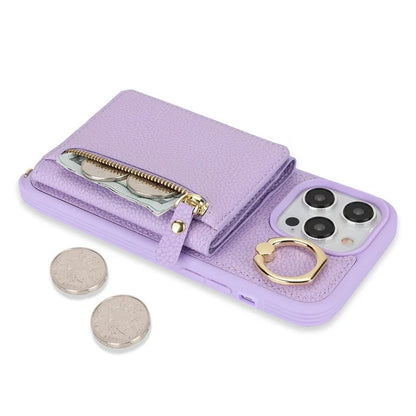 For iPhone 13 Pro Case Zipper Pocket Ring Kickstand PU Leather+TPU Phone Cover with Long Strap