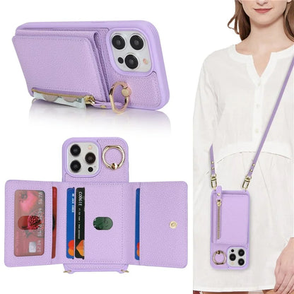 For iPhone 13 Pro Case Zipper Pocket Ring Kickstand PU Leather+TPU Phone Cover with Long Strap