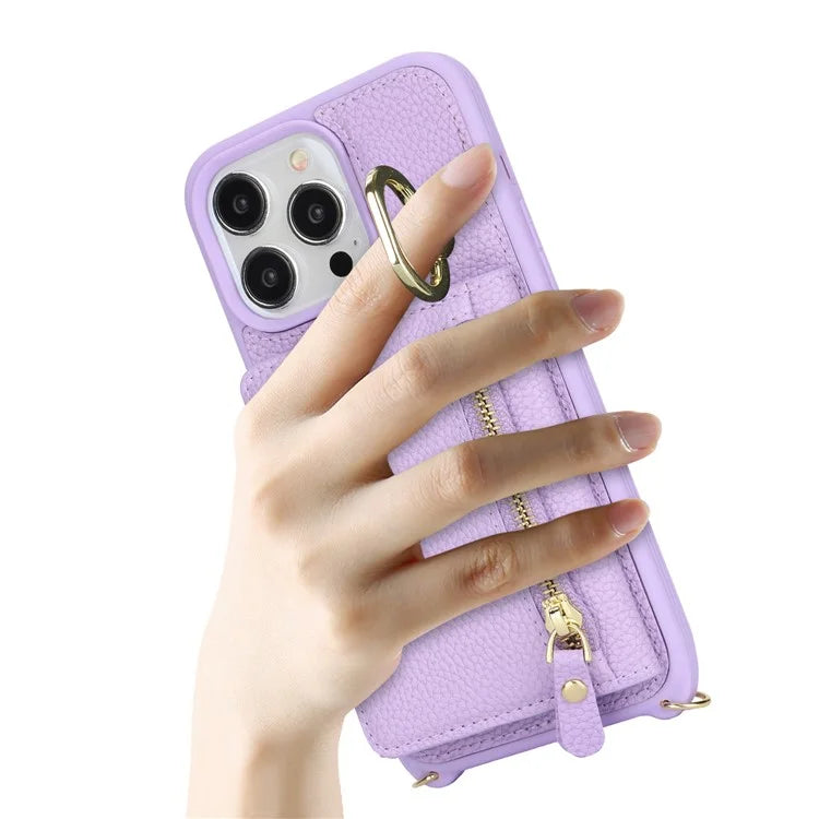 For iPhone 13 Pro Case Zipper Pocket Ring Kickstand PU Leather+TPU Phone Cover with Long Strap