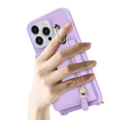 For iPhone 13 Pro Case Zipper Pocket Ring Kickstand PU Leather+TPU Phone Cover with Long Strap