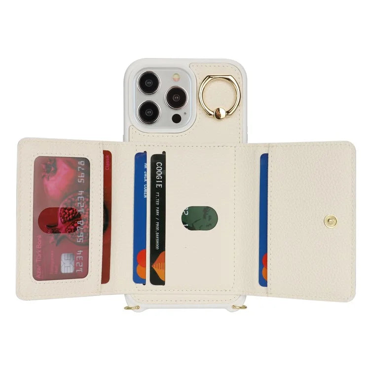 For iPhone 13 Pro Case Zipper Pocket Ring Kickstand PU Leather+TPU Phone Cover with Long Strap