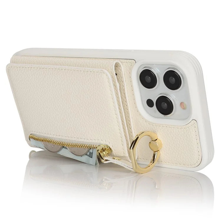 For iPhone 13 Pro Case Zipper Pocket Ring Kickstand PU Leather+TPU Phone Cover with Long Strap