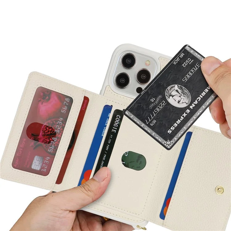 For iPhone 13 Pro Case Zipper Pocket Ring Kickstand PU Leather+TPU Phone Cover with Long Strap