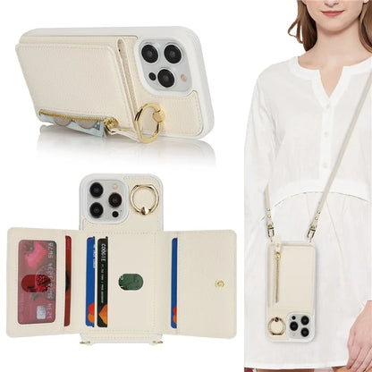 For iPhone 13 Pro Case Zipper Pocket Ring Kickstand PU Leather+TPU Phone Cover with Long Strap