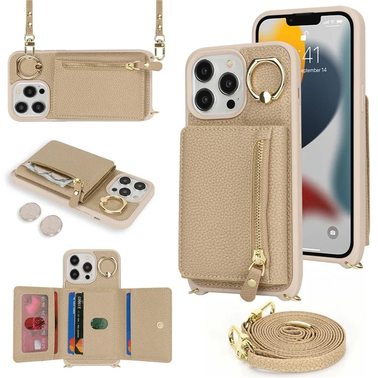 For iPhone 13 Pro Case Zipper Pocket Ring Kickstand PU Leather+TPU Phone Cover with Long Strap