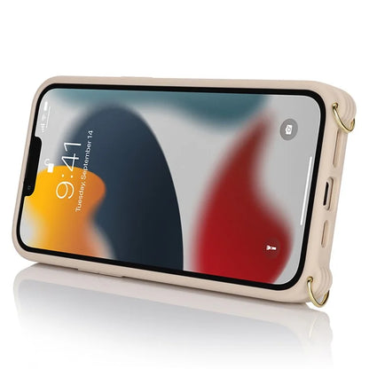 For iPhone 13 Pro Case Zipper Pocket Ring Kickstand PU Leather+TPU Phone Cover with Long Strap