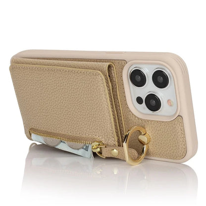 For iPhone 13 Pro Case Zipper Pocket Ring Kickstand PU Leather+TPU Phone Cover with Long Strap