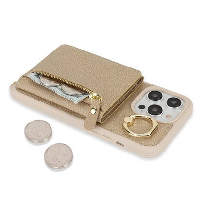 For iPhone 13 Pro Case Zipper Pocket Ring Kickstand PU Leather+TPU Phone Cover with Long Strap