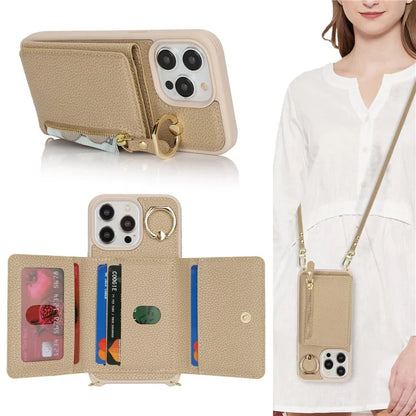 For iPhone 13 Pro Case Zipper Pocket Ring Kickstand PU Leather+TPU Phone Cover with Long Strap