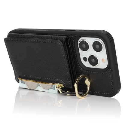 For iPhone 13 Pro Max / 12 Pro Max Case Litchi Texture Card Bag Leather+TPU Phone Cover with Long Strap
