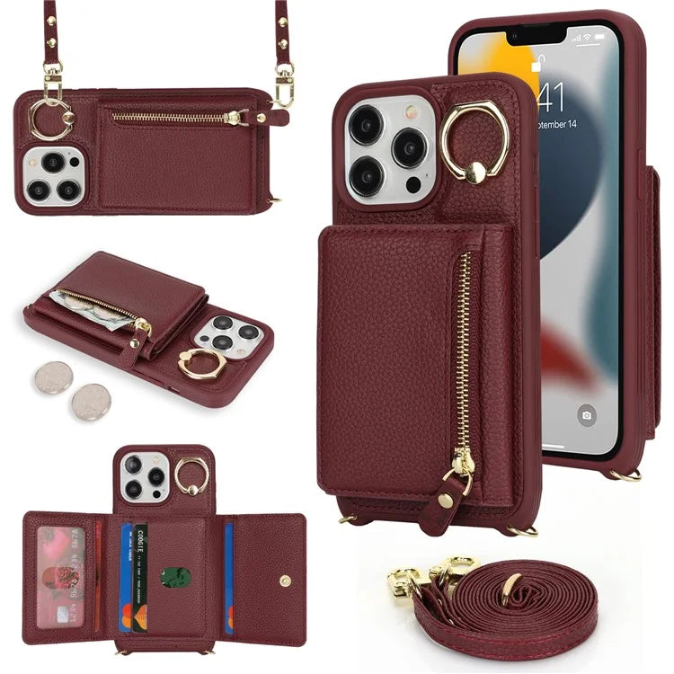 For iPhone 13 Pro Max / 12 Pro Max Case Litchi Texture Card Bag Leather+TPU Phone Cover with Long Strap