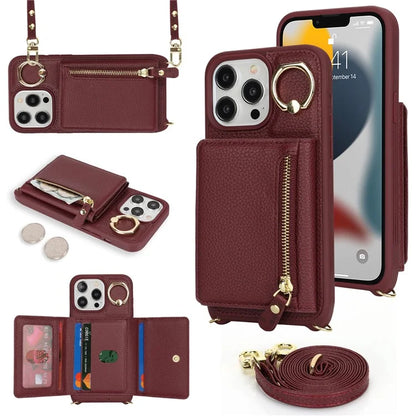 For iPhone 13 Pro Max / 12 Pro Max Case Litchi Texture Card Bag Leather+TPU Phone Cover with Long Strap