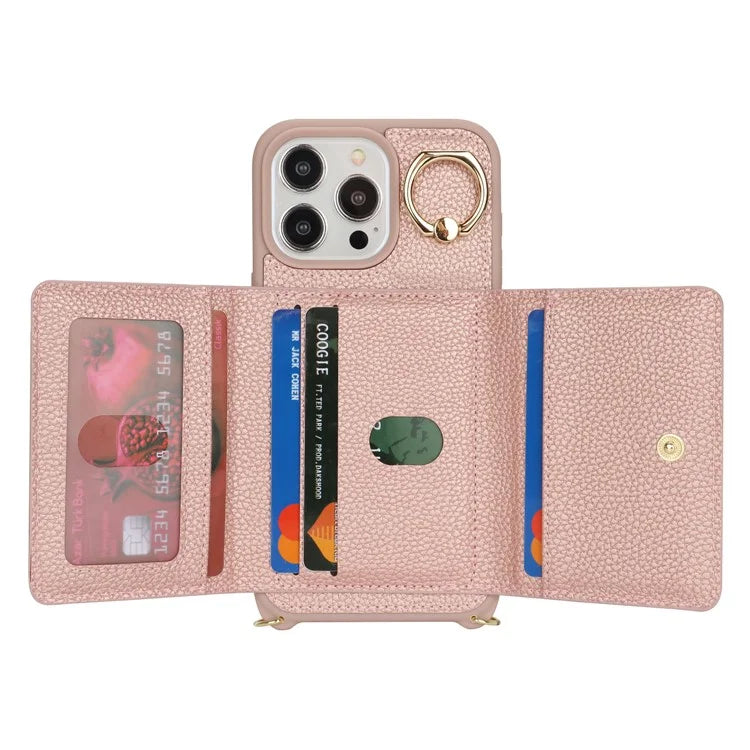 For iPhone 13 Pro Max / 12 Pro Max Case Litchi Texture Card Bag Leather+TPU Phone Cover with Long Strap