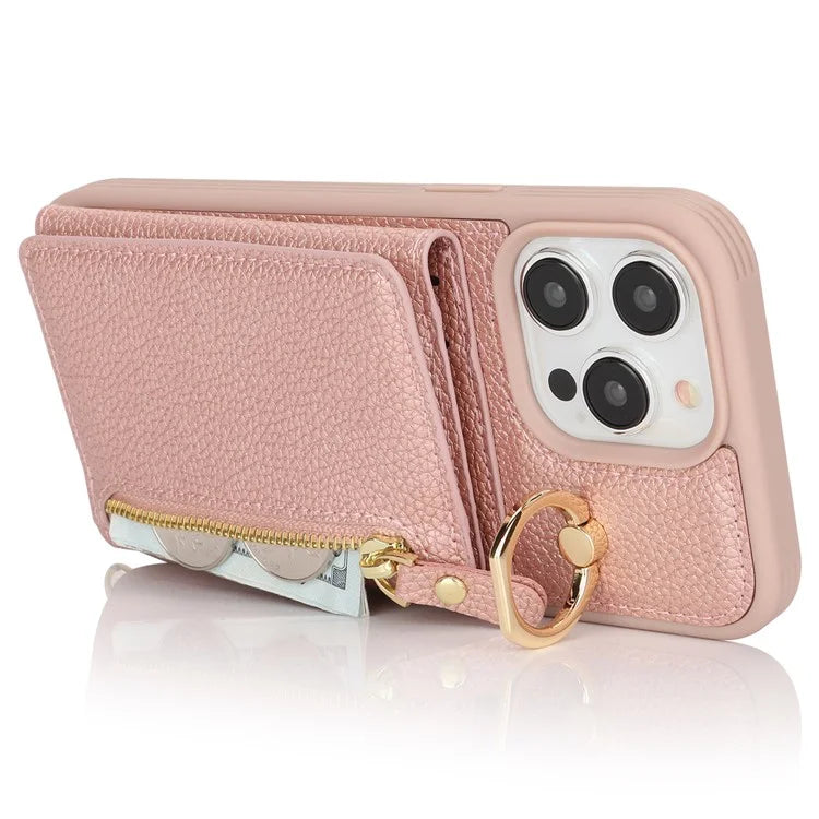 For iPhone 13 Pro Max / 12 Pro Max Case Litchi Texture Card Bag Leather+TPU Phone Cover with Long Strap