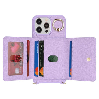 For iPhone 13 Pro Max / 12 Pro Max Case Litchi Texture Card Bag Leather+TPU Phone Cover with Long Strap