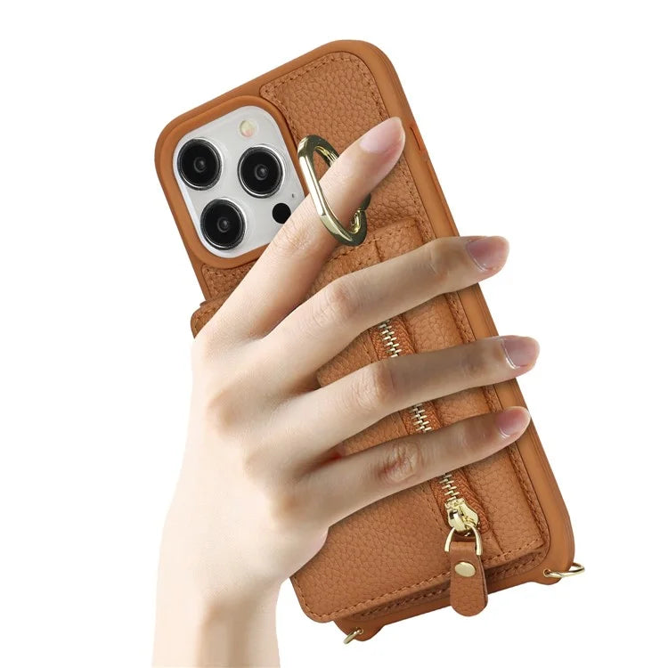 For iPhone 13 Pro Max / 12 Pro Max Case Litchi Texture Card Bag Leather+TPU Phone Cover with Long Strap