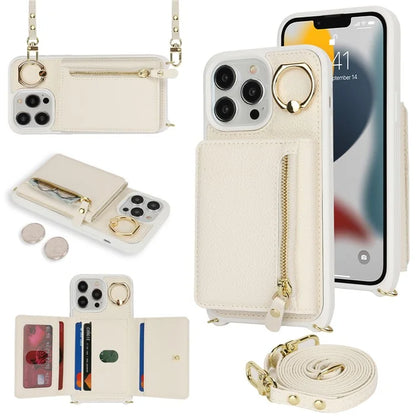 For iPhone 13 Pro Max / 12 Pro Max Case Litchi Texture Card Bag Leather+TPU Phone Cover with Long Strap