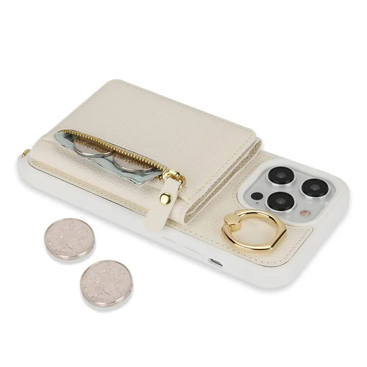 For iPhone 13 Pro Max / 12 Pro Max Case Litchi Texture Card Bag Leather+TPU Phone Cover with Long Strap