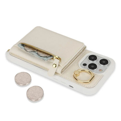 For iPhone 13 Pro Max / 12 Pro Max Case Litchi Texture Card Bag Leather+TPU Phone Cover with Long Strap