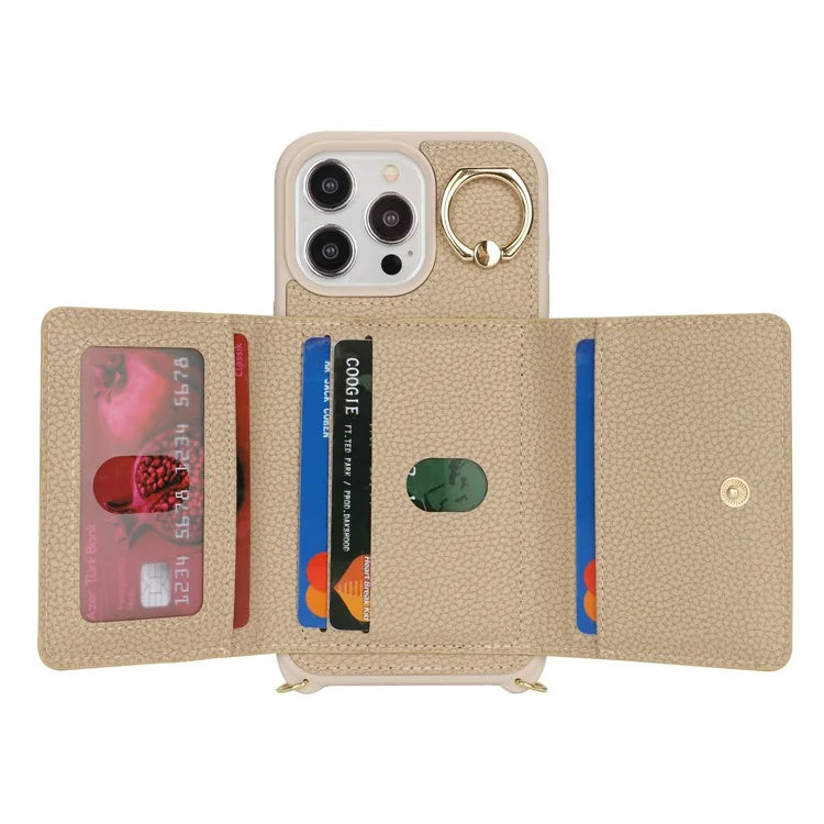 For iPhone 13 Pro Max / 12 Pro Max Case Litchi Texture Card Bag Leather+TPU Phone Cover with Long Strap