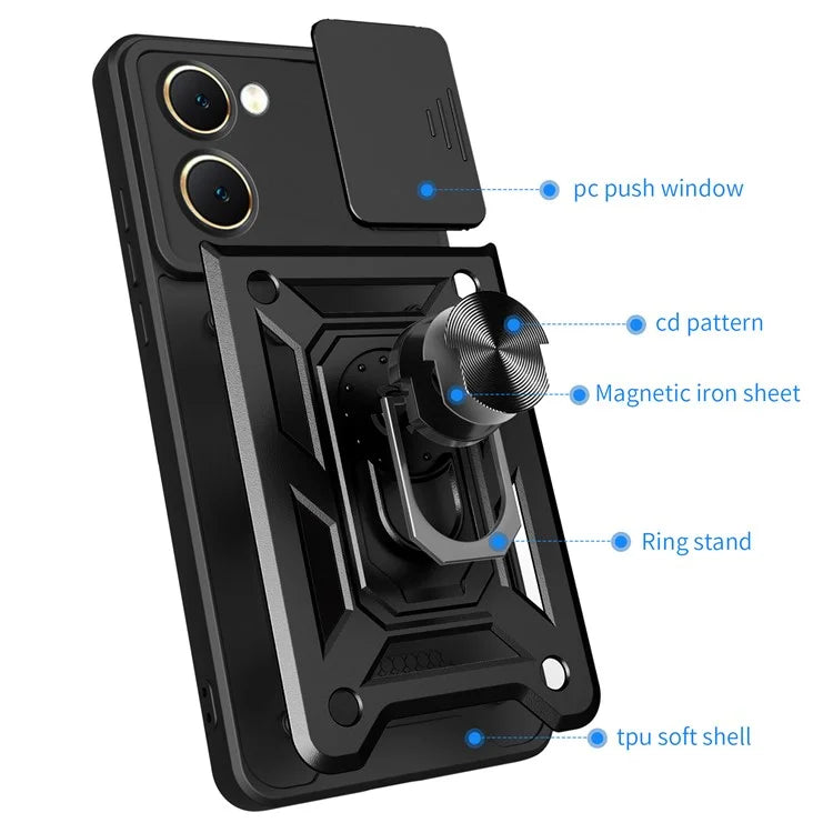 For vivo Y03 Mobile Phone Case PC+TPU Kickstand Shell with Slide Camera Lid