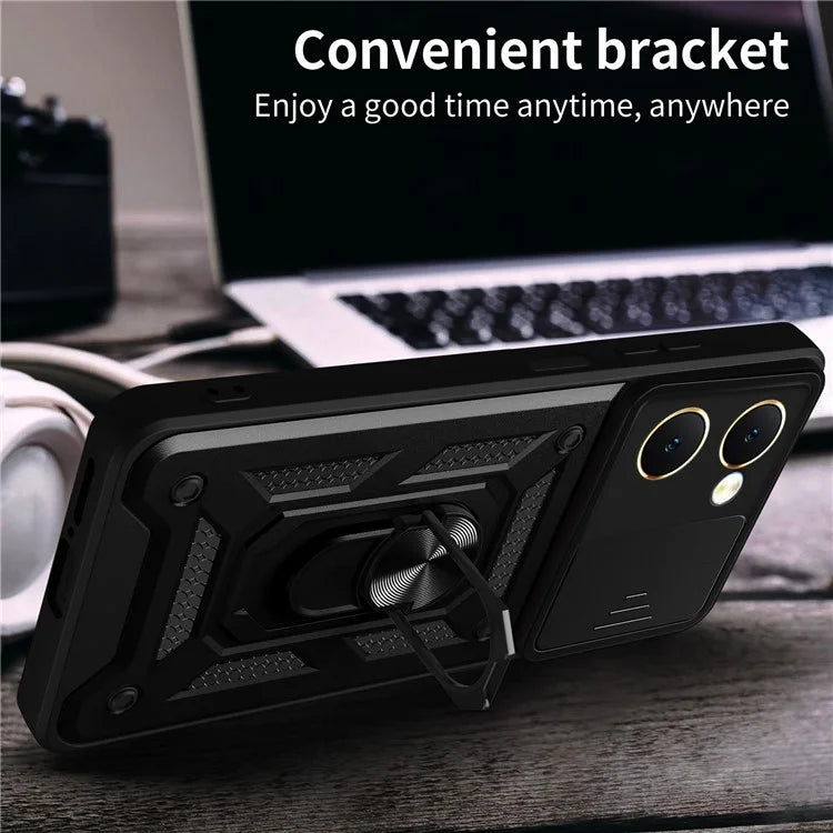 For vivo Y03 Mobile Phone Case PC+TPU Kickstand Shell with Slide Camera Lid
