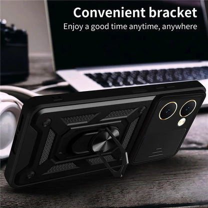 For vivo Y03 Mobile Phone Case PC+TPU Kickstand Shell with Slide Camera Lid