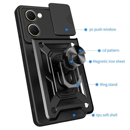 For vivo Y03 Mobile Phone Case PC+TPU Kickstand Shell with Slide Camera Lid
