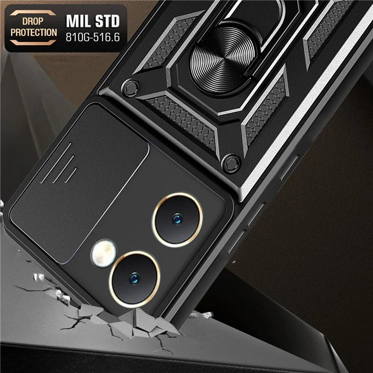 For vivo Y03 Mobile Phone Case PC+TPU Kickstand Shell with Slide Camera Lid