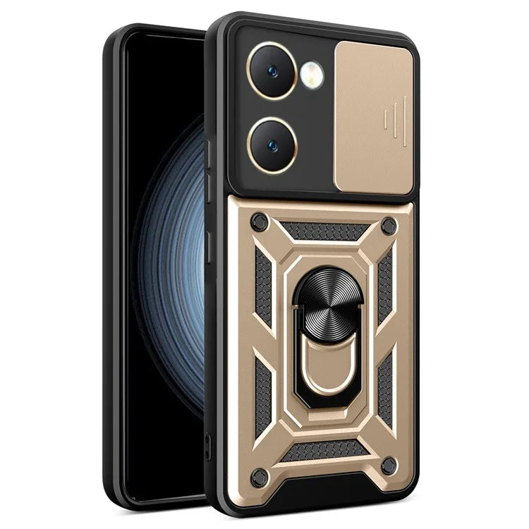 For vivo Y03 Mobile Phone Case PC+TPU Kickstand Shell with Slide Camera Lid