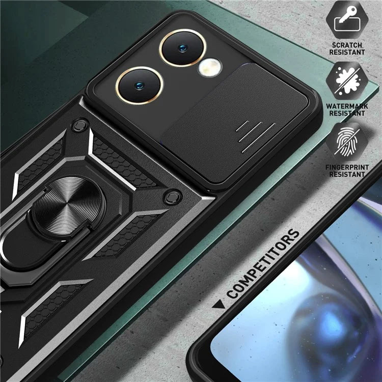 For vivo Y03 Mobile Phone Case PC+TPU Kickstand Shell with Slide Camera Lid