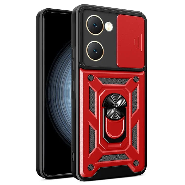 For vivo Y03 Mobile Phone Case PC+TPU Kickstand Shell with Slide Camera Lid