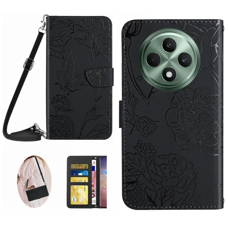 HT03 For Oppo Reno12 F 5G Case Butterfly Flowers PU Leather Crossbody Phone Cover
