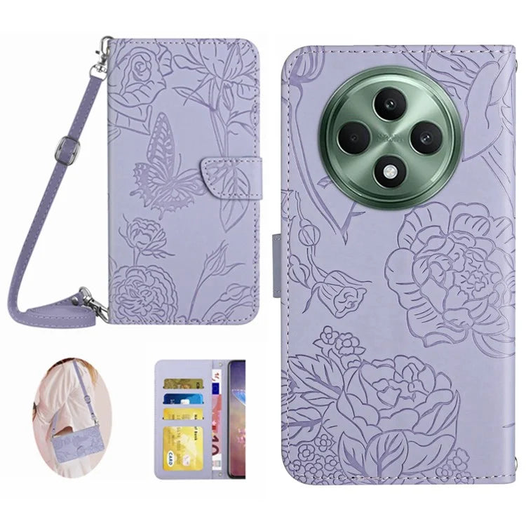 HT03 For Oppo Reno12 F 5G Case Butterfly Flowers PU Leather Crossbody Phone Cover