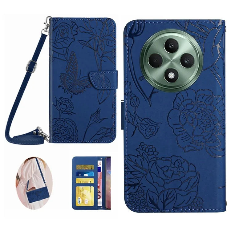 HT03 For Oppo Reno12 F 5G Case Butterfly Flowers PU Leather Crossbody Phone Cover