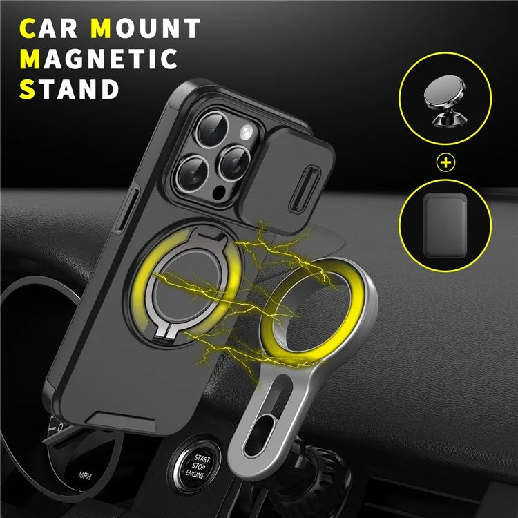 For iPhone 16 Pro Max Magnetic Case Kickstand TPU+PC Phone Case with Camera Lens Slide Cover